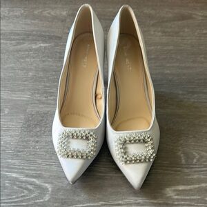 Nine West Cinderella Heels - silver silky material with embellished buckle